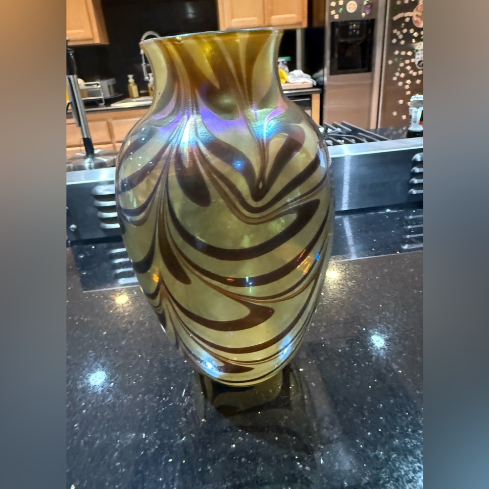 Vintage 1989 Signed Hand Blown Art Glass Vase Iridescent Swirl Studio Piece
